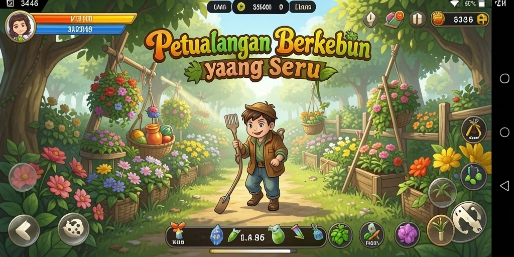 Tampilan gameplay menarik dalam 3446 dengan berbagai tanaman dan hewan.
