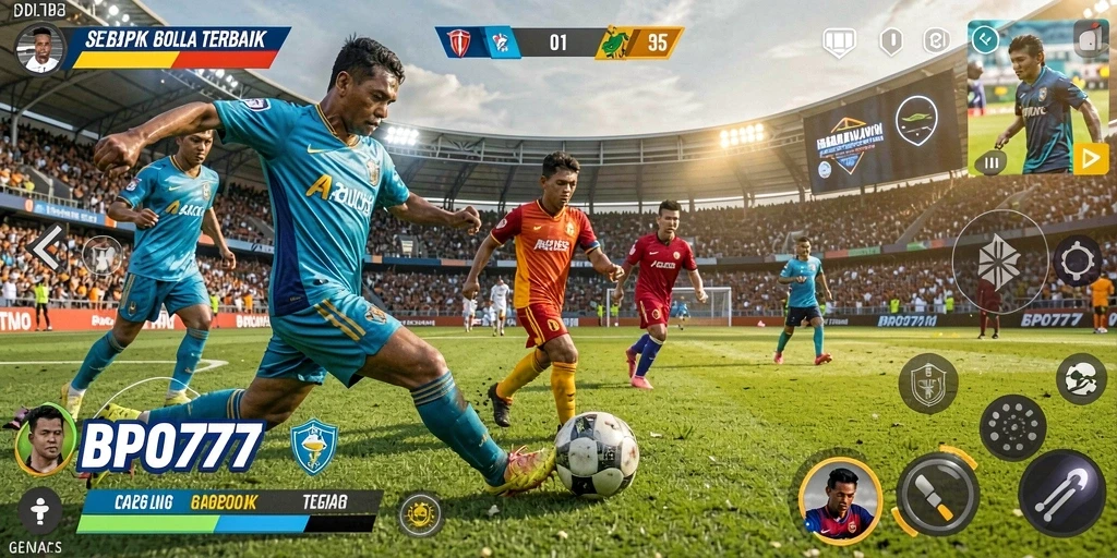 Tampilan utama BPO777 menampilkan aksi seru di lapangan sepak bola.