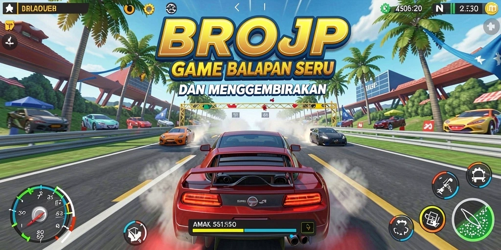 Tampilan gameplay BROJP yang mendebarkan dengan mobil balap cepat.