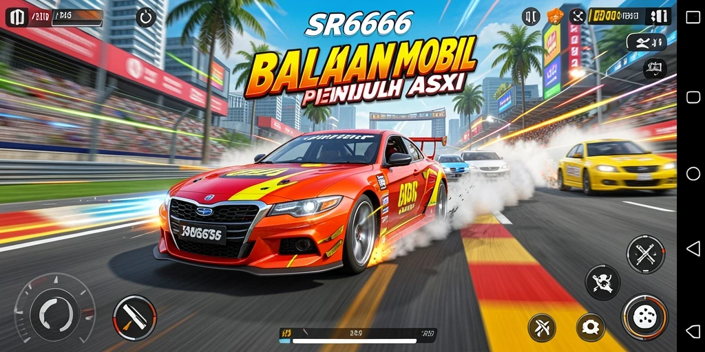 Tampilan gameplay SR6666 dengan mobil balap yang melaju cepat di lintasan.
